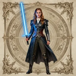 emma watson holding a lightsaber, by wlop, trending on artstation, concept art, illustration, intricate, ornate, 8 k, highly detailed, realistic proportions, full body shot