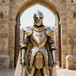 man in decorated with gold baroque style christian crusader armor, helmet hiding his face and white cape standing at the gates of jerusalem drawn by greg rutkowski realistic high detail
