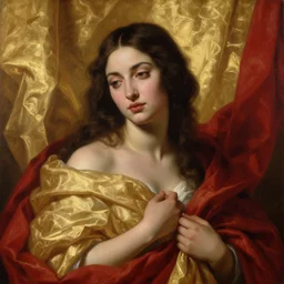 beautiful oil matte portrait painting, women engulfed by golden sheets and red drapers, wonderful masterpiece highly detailed, beautiful cinematic light deep focus, elegant, digital painting, smooth, sharp focus, golden ratio, dramatic illumination, ultra realistic, 8 k, art by artemisia lomi gentileschi and caravaggio