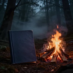 studio photography of a book next to a campfire, nightime, spooky woods, fog, scary, horror, frightening
