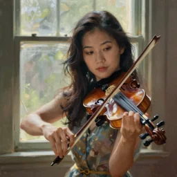 painting of beautiful asian woman playing violin in front of a window