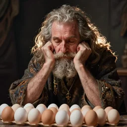 pensive wizard examining eggs by shepard fairey