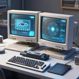 photorealistic 3 d art of a dual - screen personal - computer with a magneto - optical drive and pen tablet, in a workshop. crt monitors, mechanical keyboard. cassette futurism ; retrofuturism.