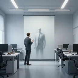 a boss, airbrush painting, pale, inside an office, wide shot,
