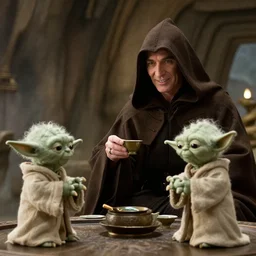 Film still of hooded Emperor Palpatine smiling and having tea with Yoda in his hut on Dagobah
