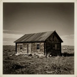wooden house in the middle of nowhere in sci-fi space with very dark and disturbing atmosphere, old vintage photo