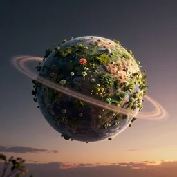 alien planet flourishing with life, ring around the planet visible in the sky, sunset