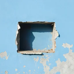 sky blue wrecked peeling wall, ruffled mess torn-down construction panels cubby