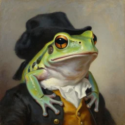 a head and shoulders portrait painting of an anthropomorphic!!!!!!!!!! amazon milk frog!!!!!!!!!! wearing a colonial outfit without a hat looking off camera, a character portrait, romanticism, oil on canvas, visible brushstrokes, soft colors