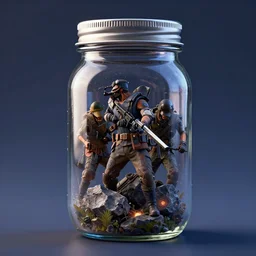 3d render of warfare trapped in a mason jar, octane render, cool vibrant tones, fantasy style