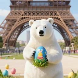 A polar bear painting Easter Eggs in front of the Eiffel Tower