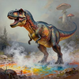 highly detailed oil painting of a tyrannosaurus!! ( ( mushroom ) ) in a steaming colorful hotspring, featured on artstation