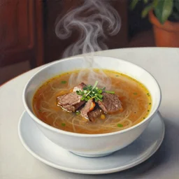 a bowl of steak soup on a table lower corner view in the style of loish van baarle, fancy