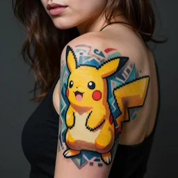 a woman with a pokemon tattoo in the style of picasso. intricate detailed. pretty. pixel perfect. sharp focus