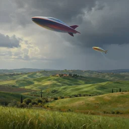 a beautiful landscape painting, flying colorful saucers, tuscany hills, by sam guay, moody lighting, hyperrealism, 4 k, octane render
