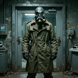 UHD hyperrealistic photorealistic detailed image of a man in a survival trenchcoat, wearing a full-head gasmask, inspired by the Stalker video game series standing in front of an laboratory door, in a ruined and dark underground lab, readying himself for combat with a green undertone by Ayami Kojima Amano Karol Bak, Greg Hildebrandt and Mark Brooks