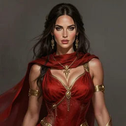 portrait of megan fox, muscular upper body, scarf, greek, jewelry, red dress, fantasy, intricate, elegant, highly detailed, digital painting, artstation, concept art, matte, sharp focus, illustration, art by aenaluck and roberto ferri and greg rutkowski, epic fantasy, digital painting