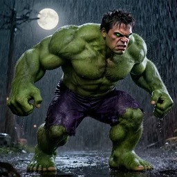 angry muscular scarlett johansson as the hulk, glowing green eyes, soaking wet, in the rain, moon lighting, realistic, highly detailed, dramatic lighting, dramatic shading, dramatic full body profile, dynamic wide angle lens, 1 9 7 0 s film set,