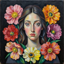 intricate five the flower woman by pablo picasso, oil on canvas, hdr, high detail, photo realistic, hyperrealism, matte finish, high contrast, 3 d depth, centered, masterpiece, vivid and vibrant colors, enhanced light effect, enhanced eye detail, artstationhd