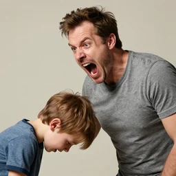 Father yelling energetically with a big mouth at his little son who keeps his head down., exaggerated by Sebastian Krüger and Bruno Tesse trending on artstation, hyperdetailed, humor, perfect composition