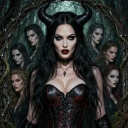 new art nouveau closeup portrait of fantasy succubus maleficent megan fox wearing a leather corset in an evil forest, anna dittmann, moebius, wlop, artgerm, patrick nagle, charlie bowater and loish. long windblown hair, ultrasharp focus, dramatic lighting, barbwire vine arches, photorealistic digital matte painting, intricate, dark souls