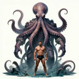 great cthulhu, concept art, ocean, octopus head, squid head, his body is an mma fighter, humanoid, enormous, matte painting