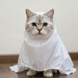 a cat wearing a sheet to look like a ghost