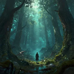reed - people in futuristic spiritual mystical post apocalyptic forest by ron gilbert, dim painterly volumetric aquatic lighting, scenic, beautiful, crisp, artstation, highly detailed