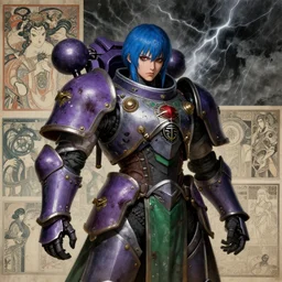 composition of gothic and futuristic young mainem, warhammer, cyber japan armor, more and more scars, thunderstorm, blue head, purple and green, the middle ages, highly detailed, artstation, in the style of moebius, jugendstil and classic japanese print, art by ludwig deutsch and rudolf ernst