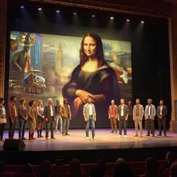 a beautiful hyperrealistic detailed 3 d render of a stage with a set of people on it, a digital rendering by donald sherwood, anton otto fischer, atey ghailan, genzoman, trending on cg society, american scene painting, cinematic lighting, da vinci, bryce 3 d