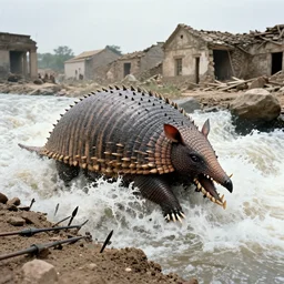 whose serrated teeth and unrelenting armadillo hull hulking like a batallion but the beasts, with spears of fallen gladiators piercing the dirt and its hunched back, could withstand the force of the torrents of whitewater rapid currents now rushing, ravaging, raging through what was left of the ruined town. photograph from 1 9 6 3