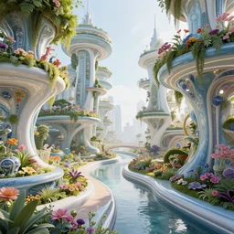biophilic futuristic scifi suspended city gardens colorful architectural landscape, fluidity, flowers, porcelain, beautiful morning light, canal bridge paths pedestrian cafes, interior cinematic composition, granite marble, nebula magnolia, water, glass walls, metallic, grass, exotic trees, modular buildings, vincent callebaut composition, 8 k, unreal engine, hdr