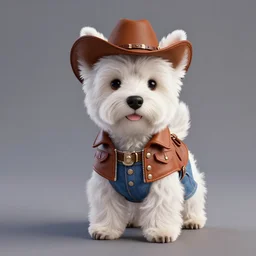 photo of an anthropomorphic west highland white terrier-cowboy, Short brown leather jacket, denim short pants, cow boy hat; ultra realistic, volumetric light, 4K, Full body