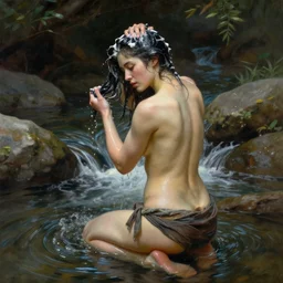 a barbarian woman washing her hair in a stream with her back turned, full body, by frank franzetta
