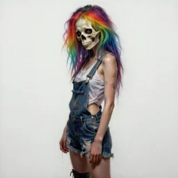 mixed media painting of a grungy skull woman with rainbow hair, soft eyes and narrow chin, dainty figure, torn overalls, short shorts, combat boots, basic white background, side boob, wet tshirt, wet, raining, dim volumetric lighting, 8 k octane beautifully detailed render, post - processing, portrait, extremely hyper - detailed, intricate, epic composition, cinematic lighting, masterpiece, trending on artstation, very detailed, masterpiece, stunning,