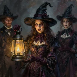 oil matte painting, creepy victorian witch with lantern. digital painting, fantasy, concept art, cinematic colors, realistic shaded. by ilya kuvshinov, magali villeneuve, artgerm, greg rutkowski