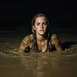 emma watson rising out of muddy vietnam river, face covered in mud, low camera angle at water level, night time, film still from apocalypse now ( 1 9 7 9 ), 2 6 mm,
