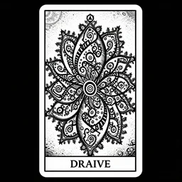 a beautiful black and white fractal tarot card featuring bold occult imagery with clean lines. lioness demon. detailed adult coloring book