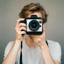 max caulfield from life is strange, taking a picture, face covered by the polaroid camera, a stock photo by helen dahm, shutterstock contest winner, art photography, dslr camera, dslr, telephoto lens