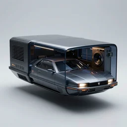 a dark glass and plastic surface box shaped vehicle, sci - fi flying vehicle, bladerunner 2 0 4 9, peugeot prestige, side lighting, air conditioner, washing machine, pininfarina, hard surface, studio lighting, unreal engine 5, light background