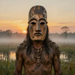 masterpiece painting of a portrait of a native incan man covered in mud wearing a wooden mask, sunset in a foggy swamp, by greg rutkowski and noah bradley, trending on artstation