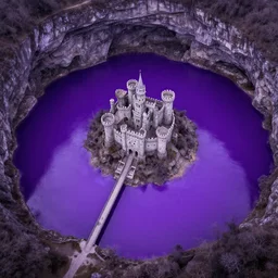 [ purple ] [ color ], underground cave with a circular limestone castle on an island surrounded by a lake of liquid metal glowing purple, connected to shore via a wide bridge, aerial view, indigo purple palette