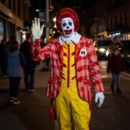 scary ronald mcdonald follow kids at night in low light street in manhatten