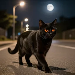 an hyper detailed black cat with orange eyes walking through the road during the night under the light of the streetlights and looking at the moon. Realistic. High detail. By Diego Fazio