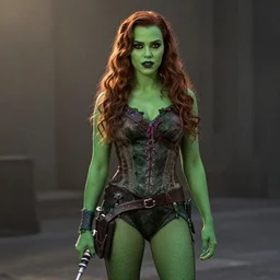 Aubrey Plaza as Poison Ivy in The Dark Knight, green skin film still from the movie directed by Denis Villeneuve, wide lens