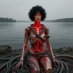 shore of the lake, woman, wrapped around by tubes and cables veins and nerves, bones, short black curly hair, glowing red, by edgar maxence and ross tran, zdzisław beksinski, un and michael whelan, distant, gustav dore, h. r. giger, 8 k, octane render