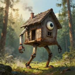 a walking mech wood house with mechanical legs and one big eye, smoky, rust, hyperrealistic, highly detailed, cinematic, single ray of sun, morning, pareidolia, dynamic composition, gravity falls style, ghibli style, beautiful, pine trees in the background, cgssociety, artstation, 8 k, oil painting, digital art