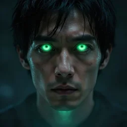 close up photograph 4 k hd of a man with black hair with unsettling green glowing eyes levitating sci fi