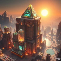 futuristic egyptian metropolis, highly detailed crystal and gemstone relics, bright sun magic hour, digital painting, solid cube of light, hard edges, artstation, sharp focus, illustration, 8 k highly detailed, aerial view