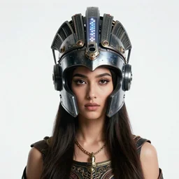 centered medium shot fine studio photograph of a beautiful persian girl wearing only a mecha electronic zoroastrian helmet with led lights, ultra-realistic, white background, 8k HDR, intricate detail